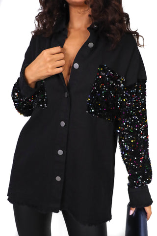 She's In Your Pocket - Black Denim Multi Sequin Sleeve Shirt