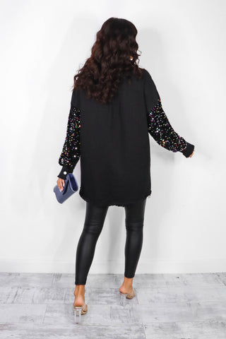 She's In Your Pocket - Black Denim Multi Sequin Sleeve Shirt