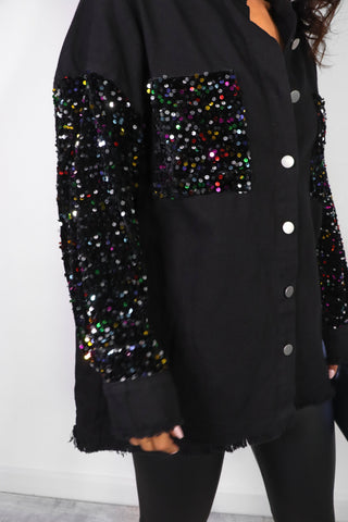 She's In Your Pocket - Black Denim Multi Sequin Sleeve Shirt