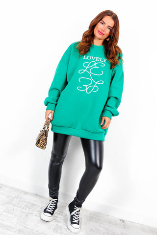 She's Lovely - Green Graphic Print Oversized Sweatshirt