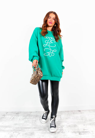 She's Lovely - Green Graphic Print Oversized Sweatshirt