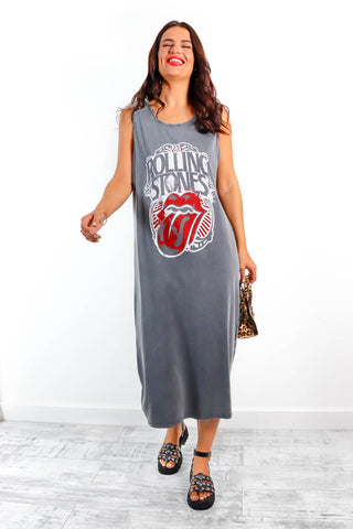 She's Missing You - Acid Wash Red Rolling Stones Licensed Tank Midi T-Shirt Dress