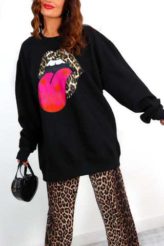 She's Mouthy - Black Pink Leopard Graphic Print Sweatshirt