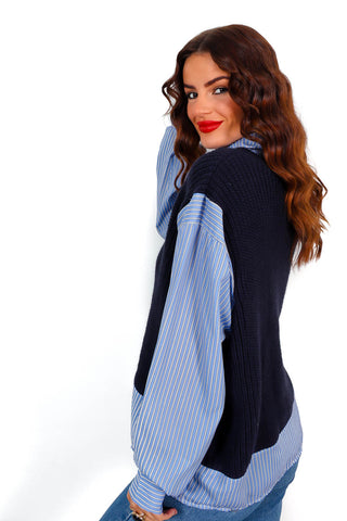 She's Preppy - Black Blue Stripe Knitted Vest & Shirt 2 in 1