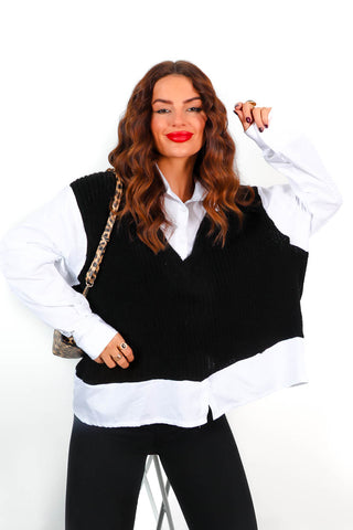 She's Preppy - White Black Knitted Vest & Shirt 2 in 1