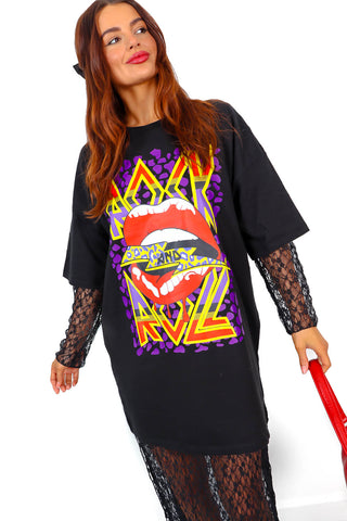 She's Rocking - Black Multi Graphic T-Shirt Dress