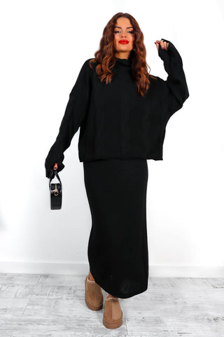 She's Two Faced - Black Cable Knitted Jumper Skirt Co-Ord