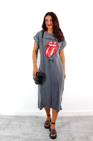 She's Under My Thumb - Acid Wash Red Rolling Stones Licensed Midi T-Shirt Dress