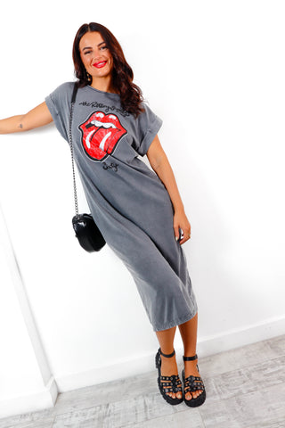 She's Under My Thumb - Acid Wash Red Rolling Stones Licensed Midi T-Shirt Dress