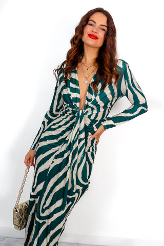 Shes Frisky - Green Zebra Plunge Midi Dress