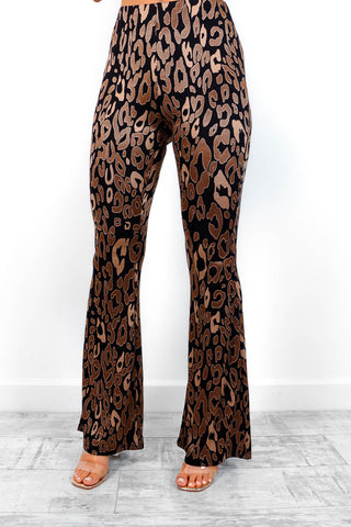 Shes Got Flare - Black Beige Leopard Flare Leg Trousers