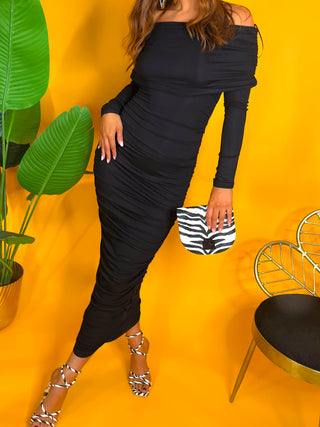 Shes Sleek - Black Ruched Bardot Midi Dress