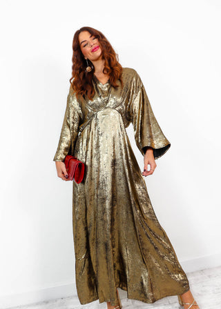 Shimmer On Girl - Gold Metallic Plunge Maxi Dress