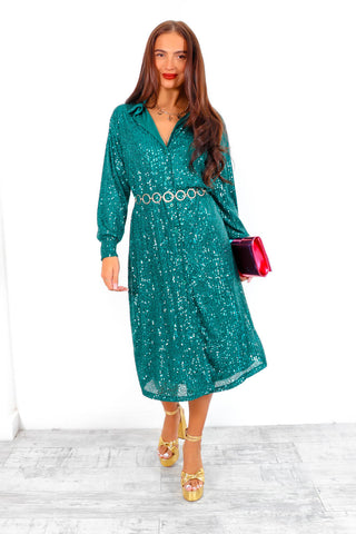 Shine All The Time - Forest Sequin Midi Shirt Dress