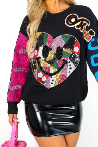 Shine Through - Black Sequin Heart Motif Knitted Jumper