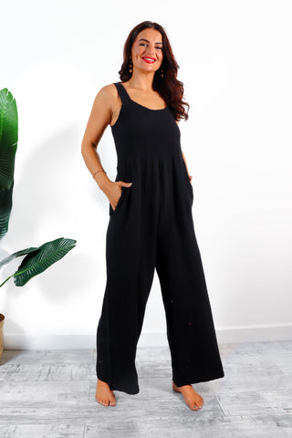 Shirred And Now - Black Shirred Cheese Cloth Jumpsuit