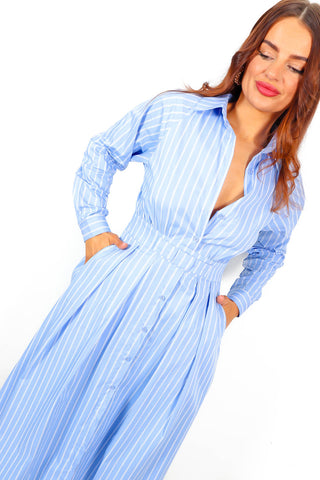 Shirty Going flirty - Blue Pinstripe Maxi Shirt Dress