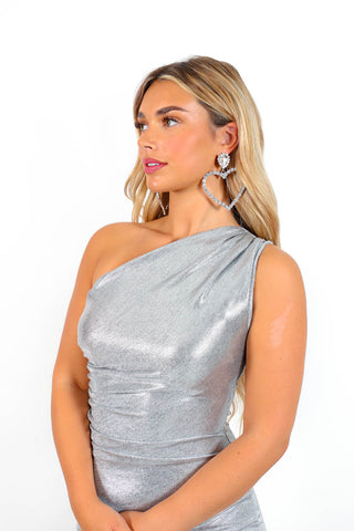 Shoulder To Cry On - Silver Metallic Ruched Midi Dress