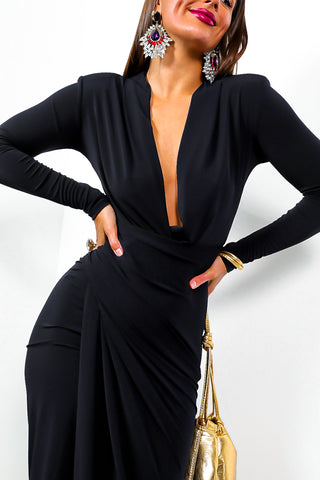 Simple And Elegant - Black Long Sleeve Midi Dress