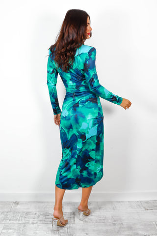 Simple And Elegant - Green Floral Long Sleeve Midi Dress