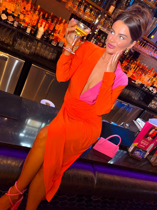 Simple and Elegant - Orange Pink Long Sleeve Midi Dress