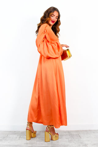 Sleeve An Impression - Orange Ruched Sleeve Plunge Maxi Dress