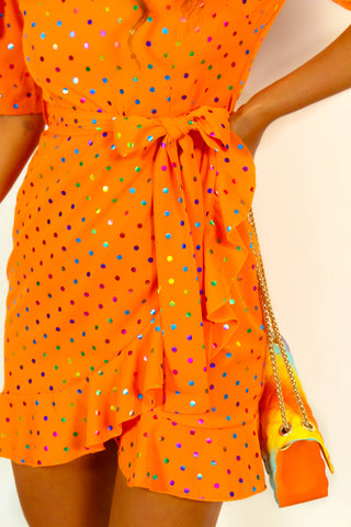 So Frilling - Orange Multi Spot Frilled Mini Dress