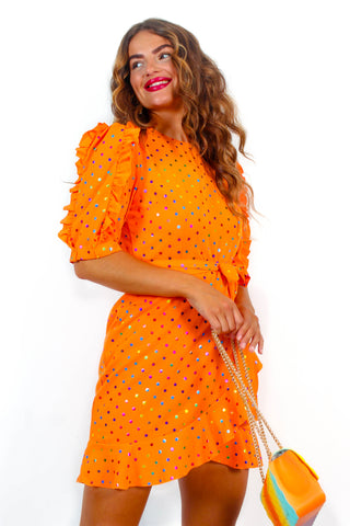 So Frilling - Orange Multi Spot Frilled Mini Dress