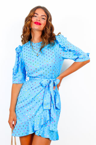 So Frilling - Turquoise Multi Spot Frilled Mini Dress
