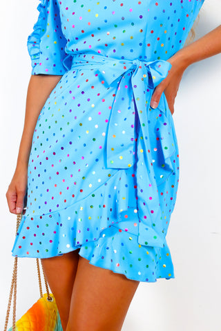 So Frilling - Turquoise Multi Spot Frilled Mini Dress
