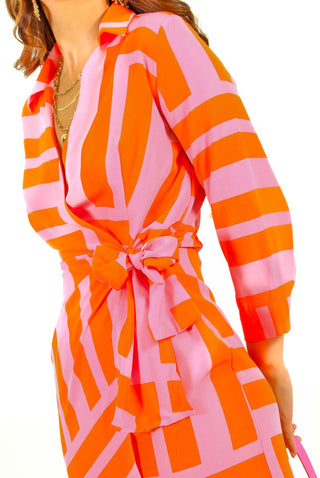 Social Climber - Pink Orange Geometric Print Midi Wrap Dress