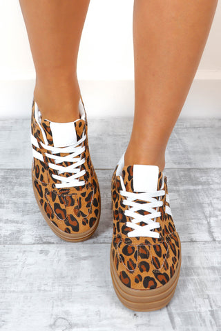 Solely For You - Beige Leopard Platform Trainers