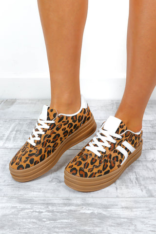 Solely For You - Beige Leopard Platform Trainers