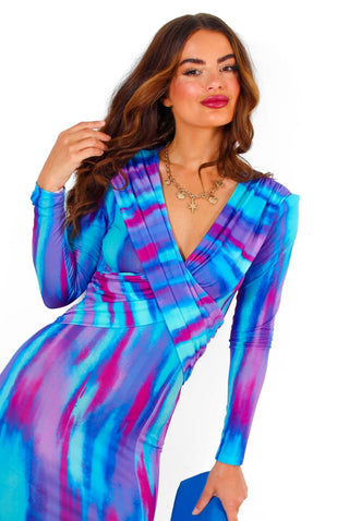 Something Special - Blue Purple Abstract Plunge Midi Dress