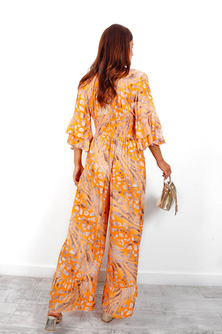 Free Spirited - Orange Beige Leopard Print Wide Leg Jumpsuit