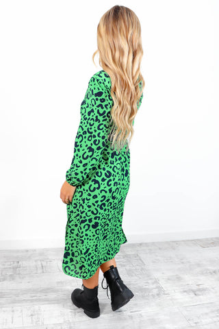 Spot My Baby - Green Black Leopard Long Sleeve Midi Dress