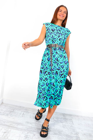 Spot My Baby - Green Blue Leopard Print Midi Dress
