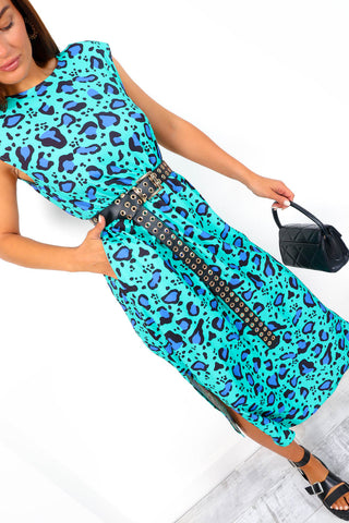Spot My Baby - Green Blue Leopard Print Midi Dress
