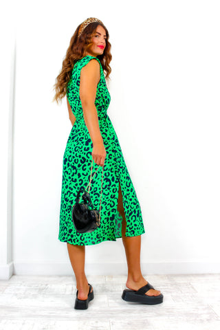 Spot My Baby - Green Leopard Print Midi Dress
