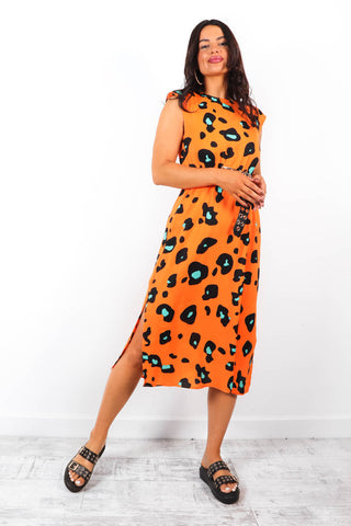 Spot My Baby - Orange Green Leopard Print Sleeveless Midi Dress