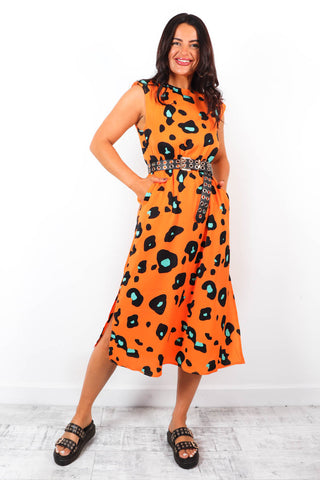 Spot My Baby - Orange Green Leopard Print Sleeveless Midi Dress
