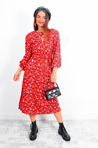 Spot My Baby - Red Leopard Print Long Sleeve Midi Dress