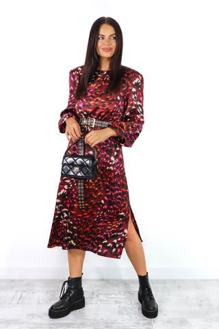 Spot My Baby - Wine Animal Printed Long Sleeve Midi Dress