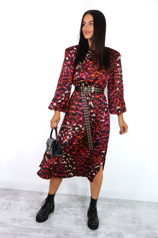 Spot My Baby - Wine Animal Printed Long Sleeve Midi Dress