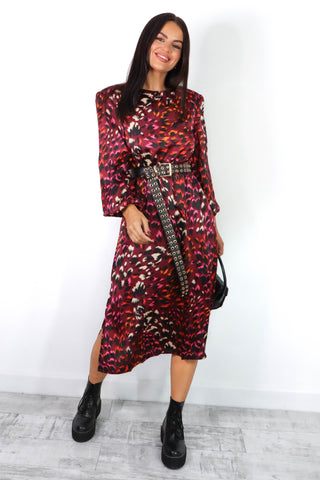 Spot My Baby - Wine Animal Printed Long Sleeve Midi Dress