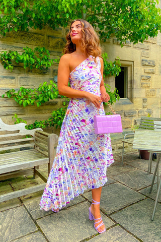 Stay Classy - White Purple Floral One Shoulder Midi Dress