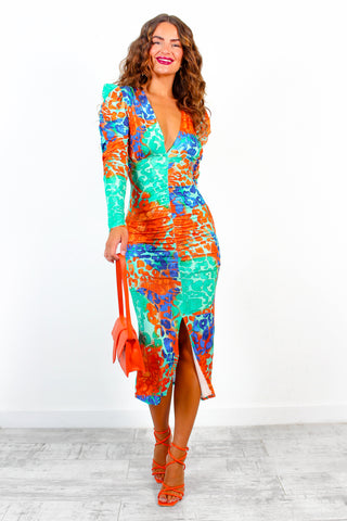 Stay A While - Orange Turquoise Leopard Print Ruched Midi Dress