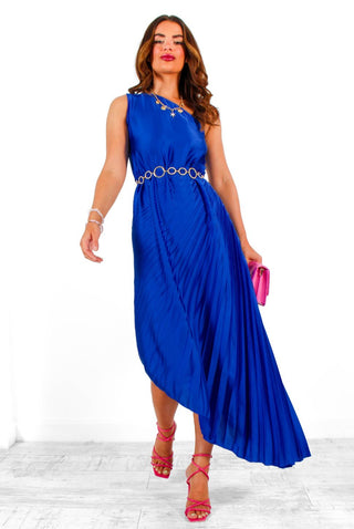 Stay Classy - Cobalt One Shoulder Satin Pleated Midi Dress