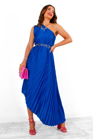 Stay Classy - Cobalt One Shoulder Satin Pleated Midi Dress