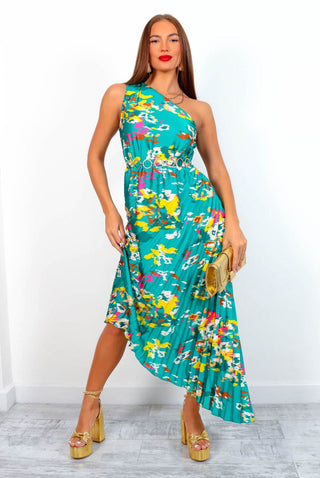 Stay Classy - Forest Multi Floral One Shoulder Pleated Midi Dress
